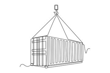 Continuous one line drawing crane lifting up container loading at port. Cargo Concept. Single line draw design vector graphic illustration.