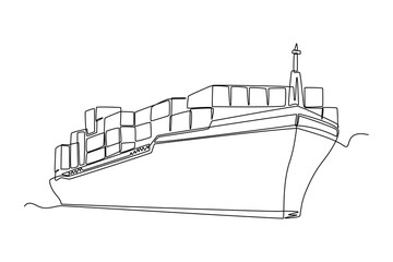 Continuous one line drawing cargo ship with containers in the port. Cargo Concept. Single line draw design vector graphic illustration.