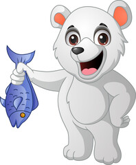 Cute polar bear holding a fish