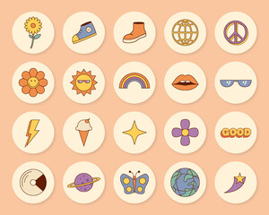 set of groovy hippie psychedelic instagram story highlight cover
