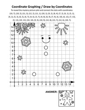 Coordinate graphing, or draw by coordinates, math worksheet with christmas gingerbread man cookie: To reveal the mystery picture plot and connect the dots with given coordinates. Answer included.

