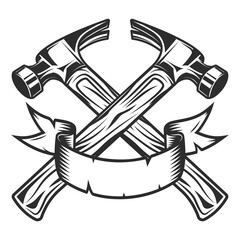 Builder crossed hammers from new construction and remodeling house business with ribbon in monochrome vintage style illustration