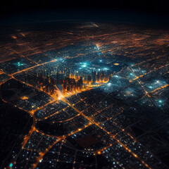 Earth Night City Lights View from Plane. Generative AI.