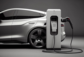 EV car with Electric charging station charger background. Technology and transportation concept. Generative AI - obrazy, fototapety, plakaty