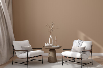 Living room template, interior design mock up with armchairs on an empty beige background, 3d render