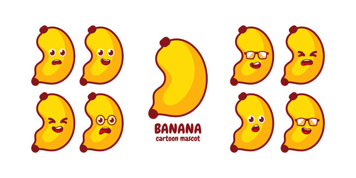 Cute happy funny sad,smiling banana fruit set collection. Vector flat cartoon character illustration icon design.Isolated on white background.Banana face fruit cartoon doodle character bundle concept