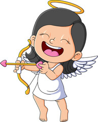The angel girl is laughing and holding the love bow