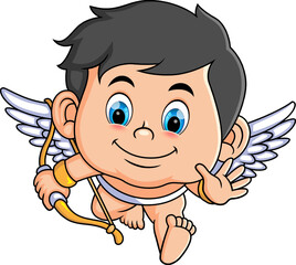 The cute cupid boy is flying and waving the hand
