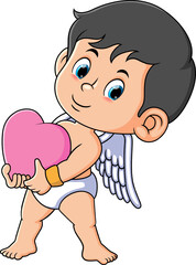 The cute cupid boy is walking and holding the love doll