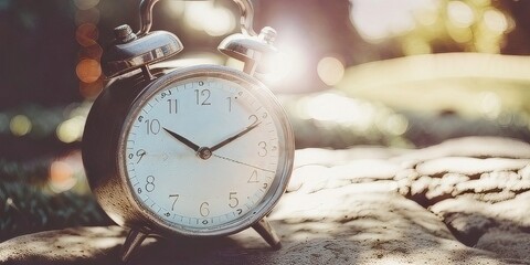 Fototapeta na wymiar Vintage Alarm Clock In Nature - Generative AI