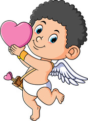 The curly cupid is raising a big heart love in the romantic day