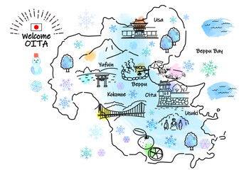 冬の大分県の観光地のシンプル線画イラストマップ