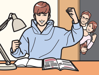 勉強する男子を見守る家族、しっかりガッツポーズの母