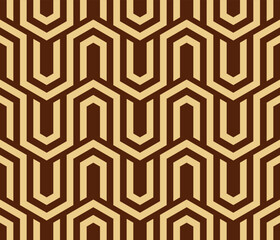 Abstract geometric pattern with stripes, lines. Seamless vector background. Gold and dark brown ornament. Simple lattice graphic design