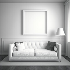 Minimalist contemporary lounge with large blank white picture frame and large white sofa, Generative AI