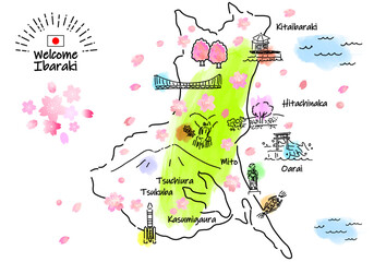 春の茨城県の観光地のシンプル線画イラストマップ