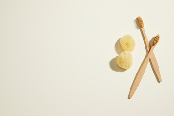 composition of bathroom object on light beige background. simple, copy space. top view.