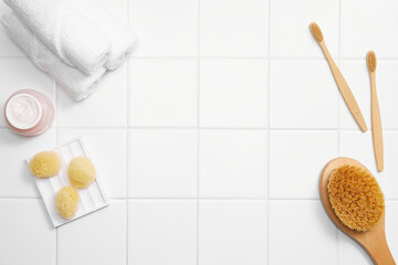 bathroom object on white tile background, top view and copy space