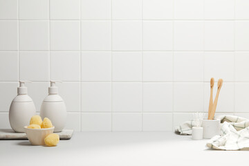 Naklejka na ściany i meble front view of bathroom object with soft light on white tile background
