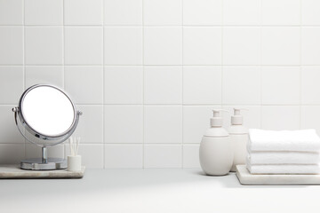 Naklejka na ściany i meble front view of bathroom object with soft light on white tile background