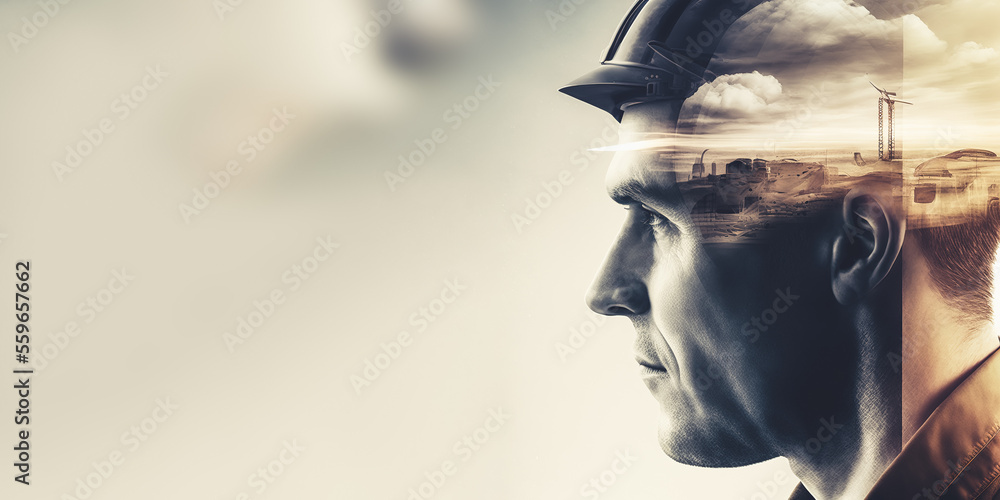 Poster future building construction engineering project devotion with double exposure graphic design. build