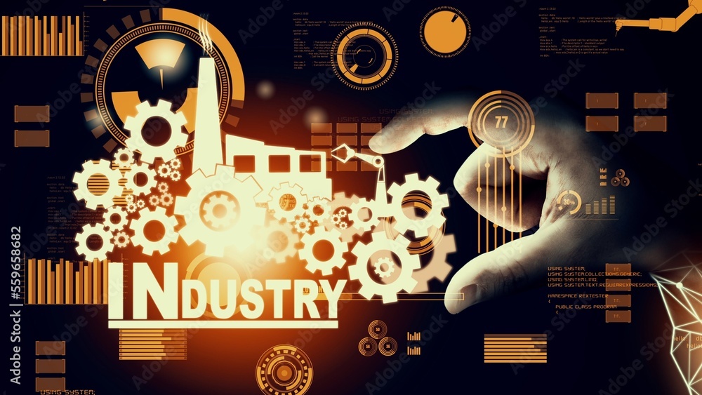 Poster futuristic industry 4.0 and inventive mechanized engineering concept with graphic user interface sho
