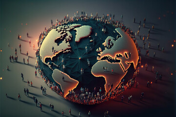 world map with globe connecting people through new tecnology concept illustration, generative ai
