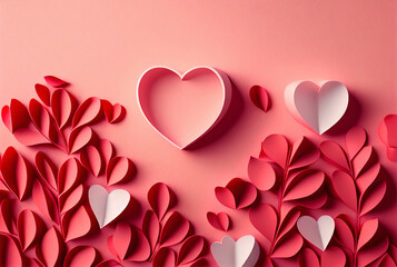 Festive valentines day concept with red paper cut elements on pink background. Copy space.