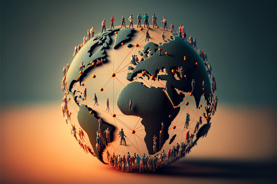 world map with globe connecting people through new tecnology concept illustration, generative ai