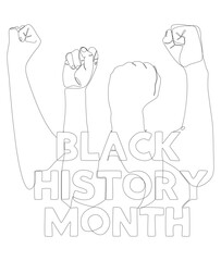 One continuous line of Black History Month text and Clenched, raised fist. Thin Line Illustration vector concept. Contour Drawing Creative ideas.