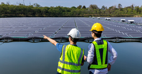 Engineer working setup Floating solar panels or solar cell Platform system on the lake. Engineer or...