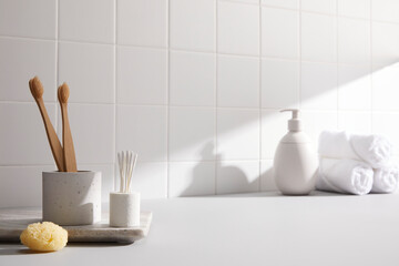 bathroom object with morning window light on white tile wall. front angle and copy space