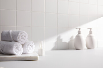 bathroom object with morning window light on white tile wall. front angle and copy space
