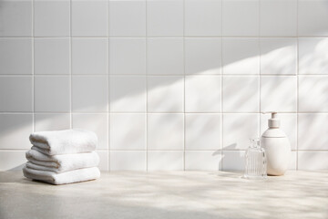 front view of bathroom with white tile wall, various bath objects, and sunlight. copy space.
