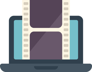 Laptop video edit icon flat vector. Film montage. Creative online isolated