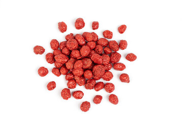 Red sugar coated peanuts or cacahuates garapiñados in white background