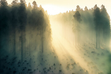 Forest at dawn, fog, light crept