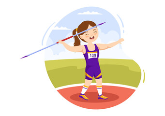 Javelin Throwing Kids Athlete Illustration using a Long Lance Shaped Tool to Throw in Sports Activity Flat Cartoon Hand Drawn Template