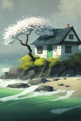 idyllic white house, green island in the sea, cherry blossom tree