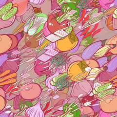 Background pattern abstract design texture. Seamless. Cutlery and Health food. Theme is about knife, spring onions, Caucasian, solid, cob, nutritious, whisk, carrot, vegetable, whole onion