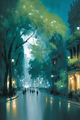 the old town in the dreamy season, the street with the warm lights and flowers, painting