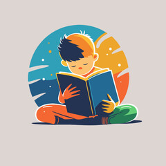 little boy kid reading book logo icon in flat vector design - obrazy, fototapety, plakaty