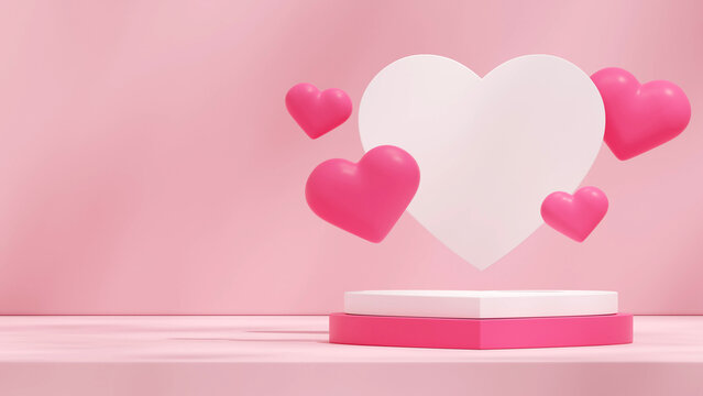 3d render blank mockup white and pink heart shape podium in landscape floating hearts shape backdrop
