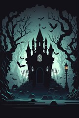 A gloomy castle surrounded by fog or a dark graveyard with bony trunks