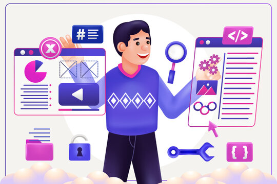 3d illustration of man doing coding and programming