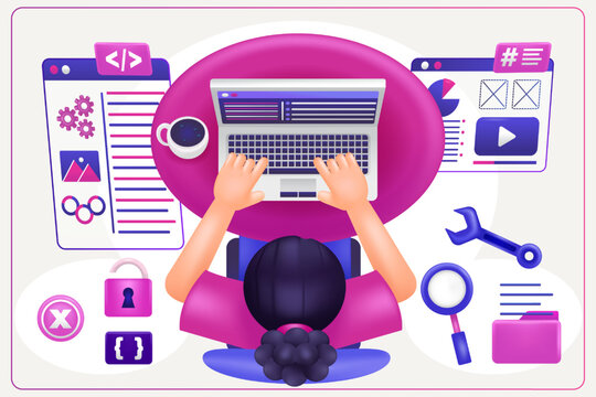 3d illustration of woman doing coding and programming on her laptop