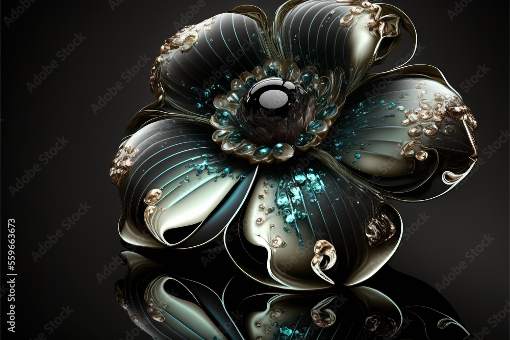 Poster a flower with a black background and a reflection in the water below it is a black background with a