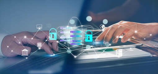 Cyber ​​security and privacy concept for data protection, digital biometric data.Businessman scan their fingerprints processing for access security system, network connection, virtual interface.