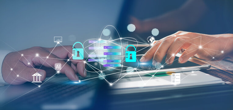 Cyber ​​security and privacy concept for data protection, digital biometric data.Businessman scan their fingerprints processing for access security system, network connection, virtual interface.