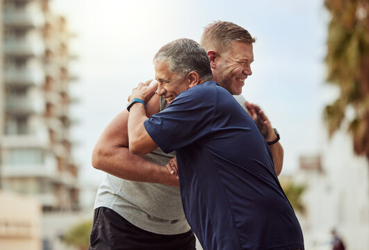 Fitness, hug and senior friends or people with lose weight support, accountability and love in urban city training, exercise or workout. Wellness, community and men with sports trust and thank you